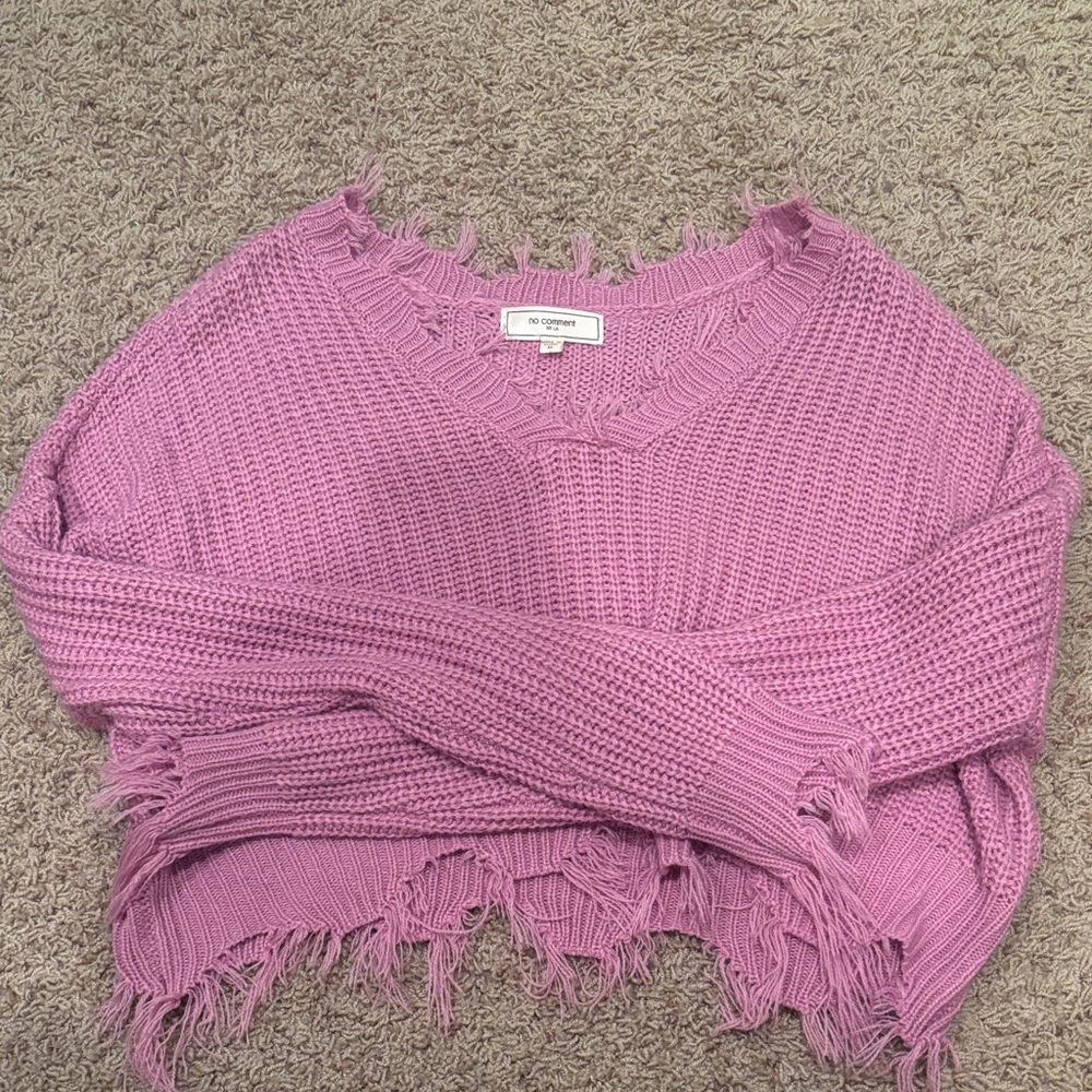 No Comment Frayed V-Neck Sweater in Pink
